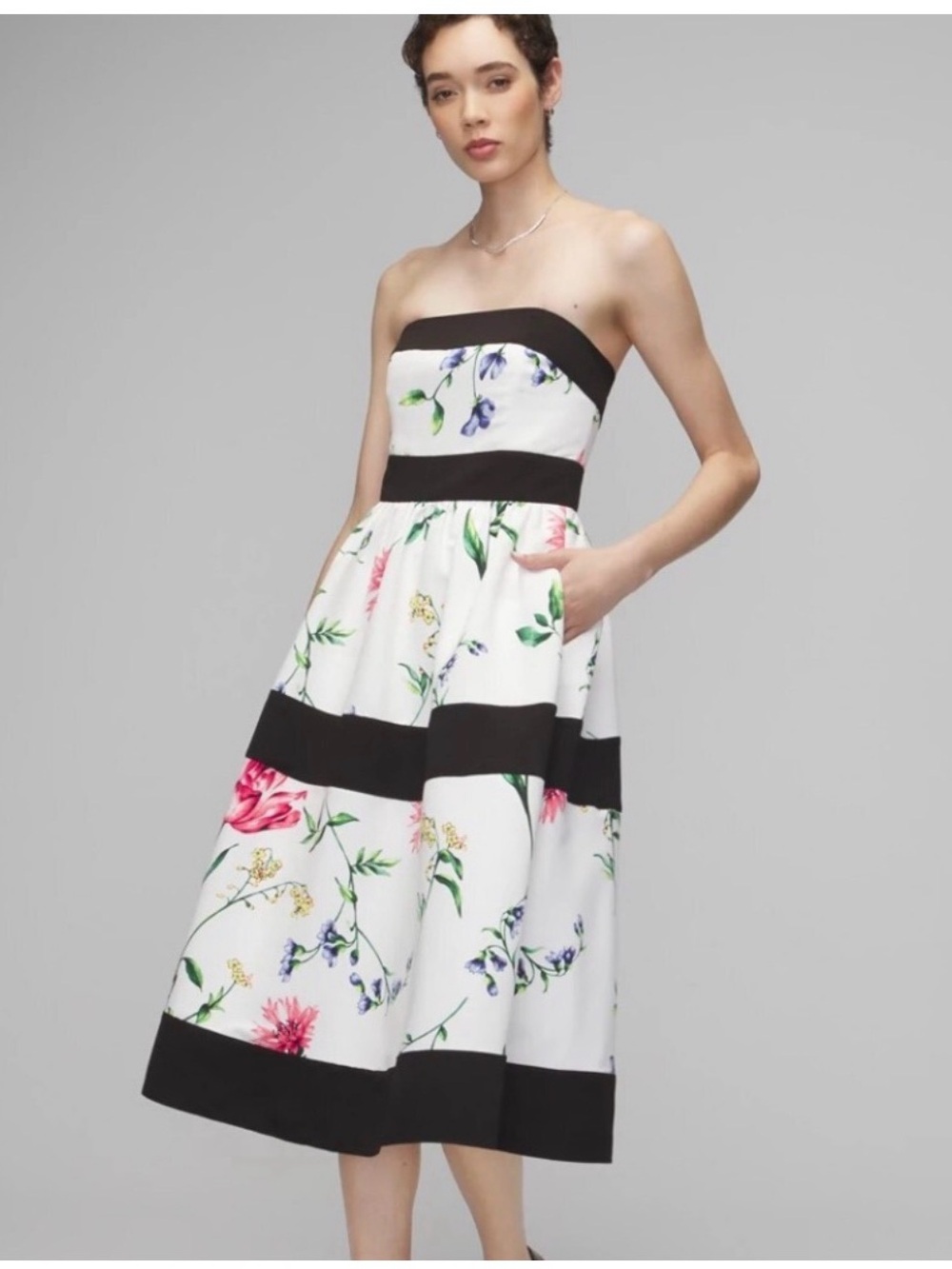 White House Black Market White Floral Strapless Midi Dress with Black Bands